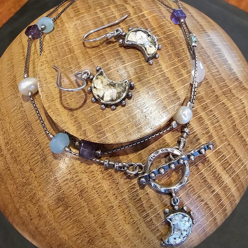 Angi Olami Roman Glass/Semi-Precious/Sterling Silver Necklace and Earring Set